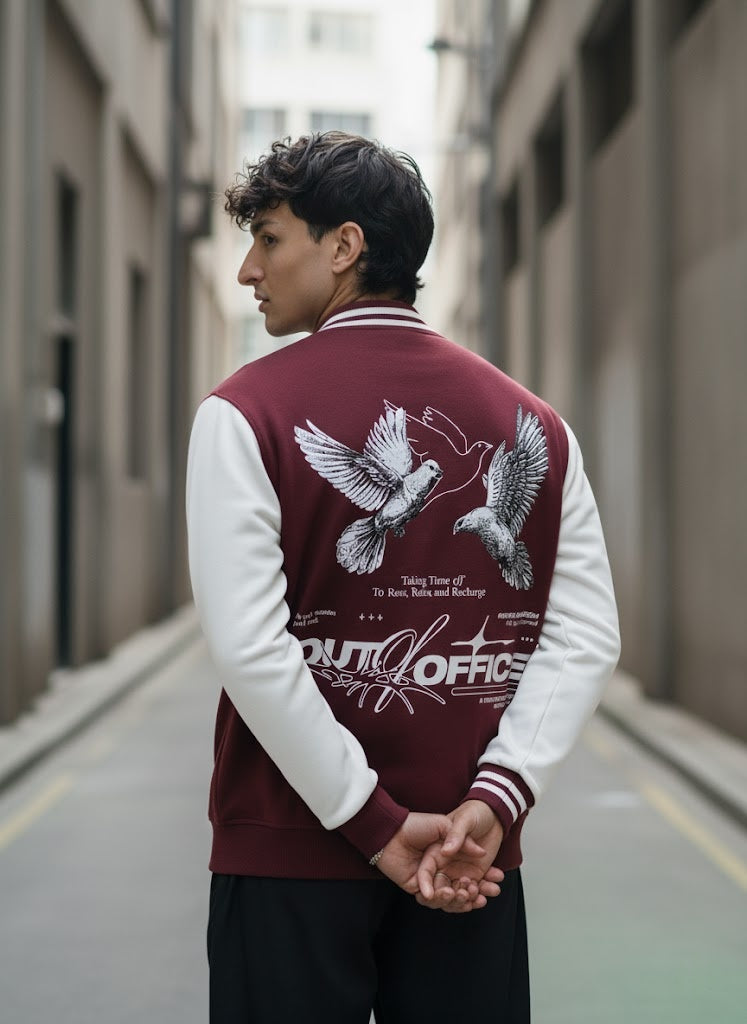 "OUT OF OFFICE" Varsity Jacket – Maroon Edition