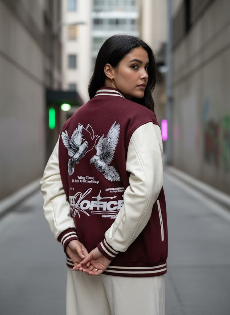"OUT OF OFFICE" Varsity Jacket – Maroon Edition
