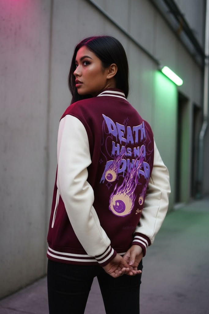 DEATH HAS NO POWER Varsity Jacket – Maroon Edition