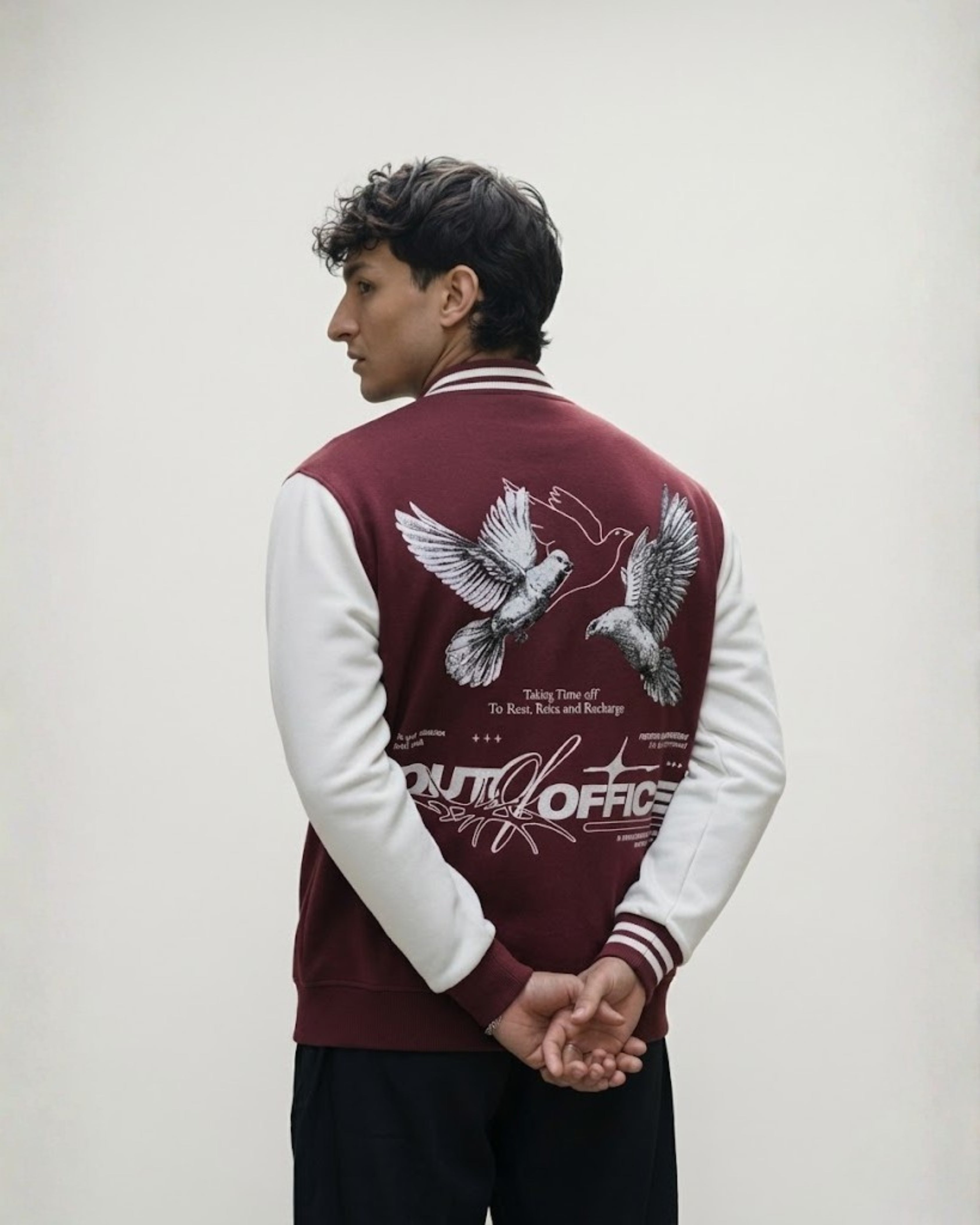 "OUT OF OFFICE" Varsity Jacket – Maroon Edition