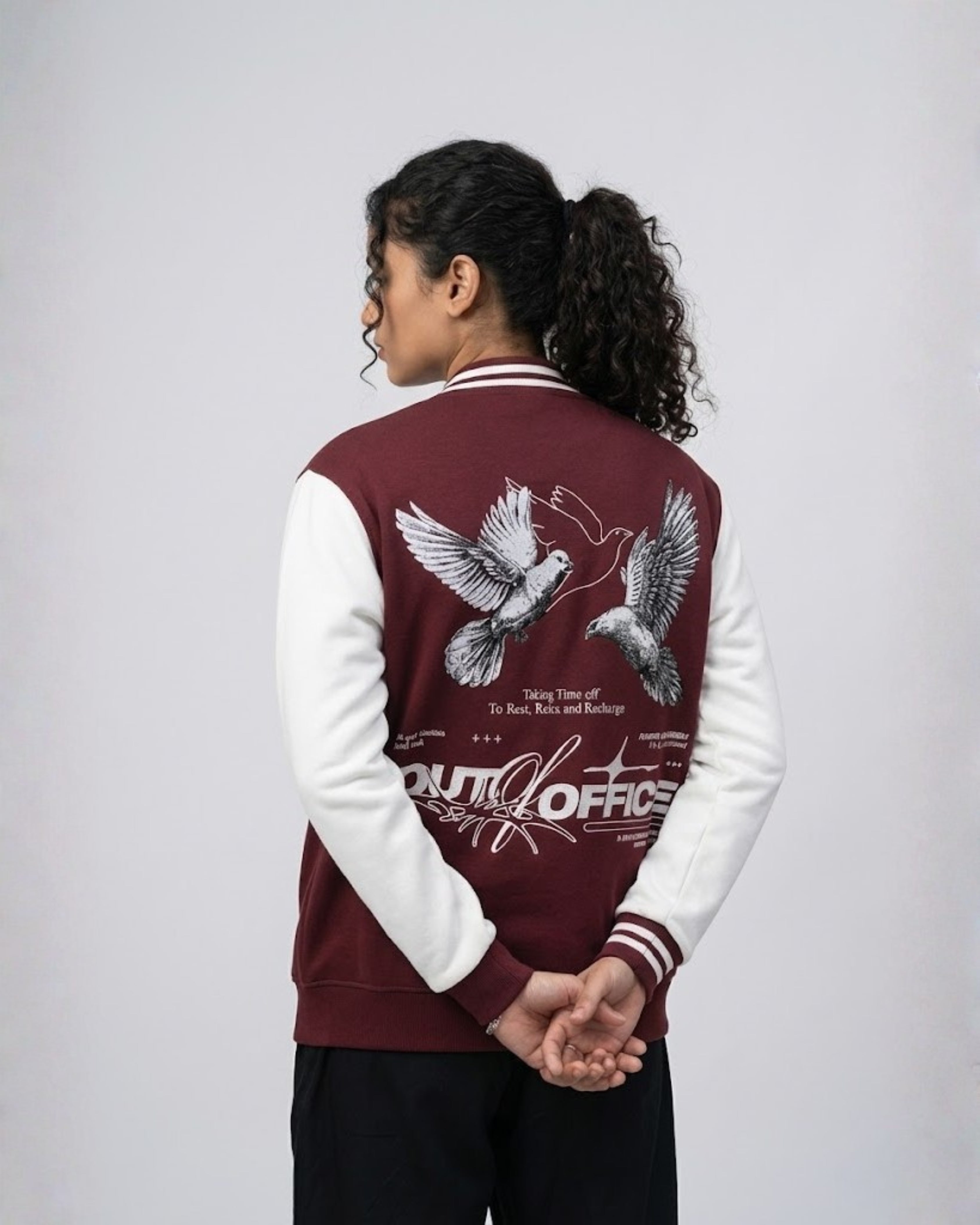 "OUT OF OFFICE" Varsity Jacket – Maroon Edition