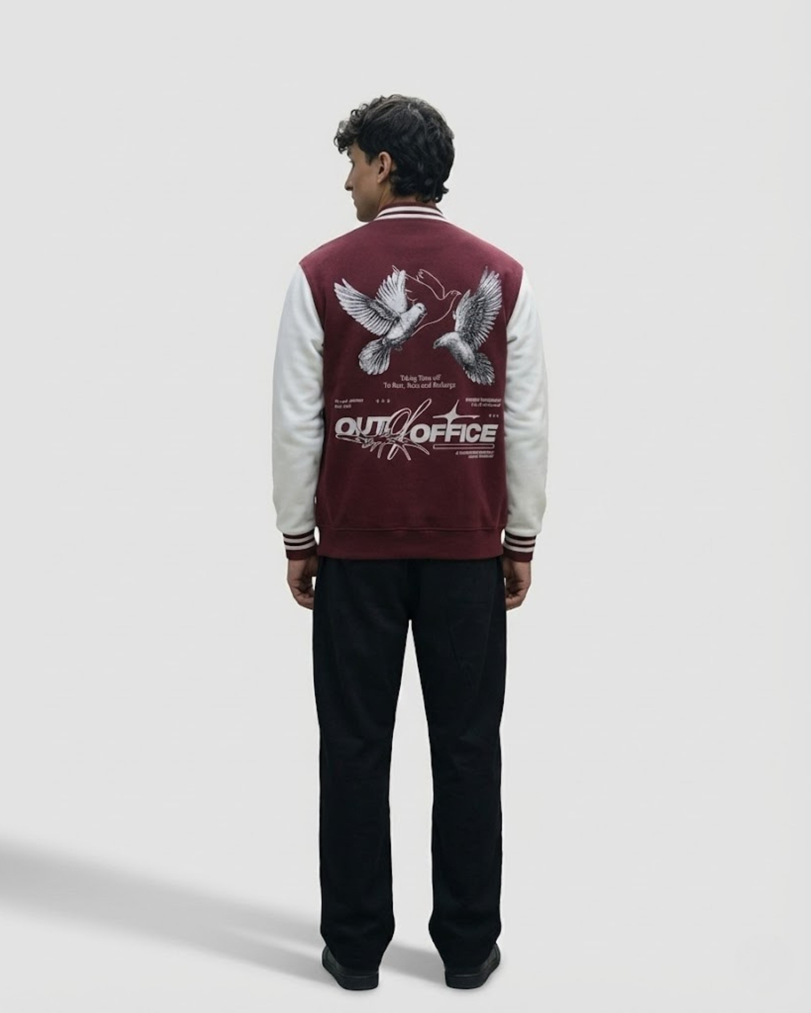 "OUT OF OFFICE" Varsity Jacket – Maroon Edition