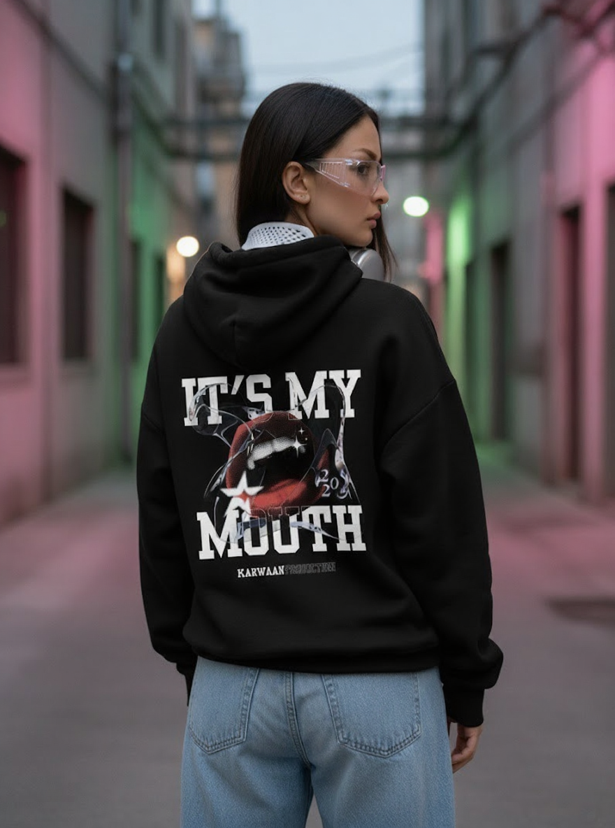 IT'S MY MOUTH Graphic Hoodie - Black